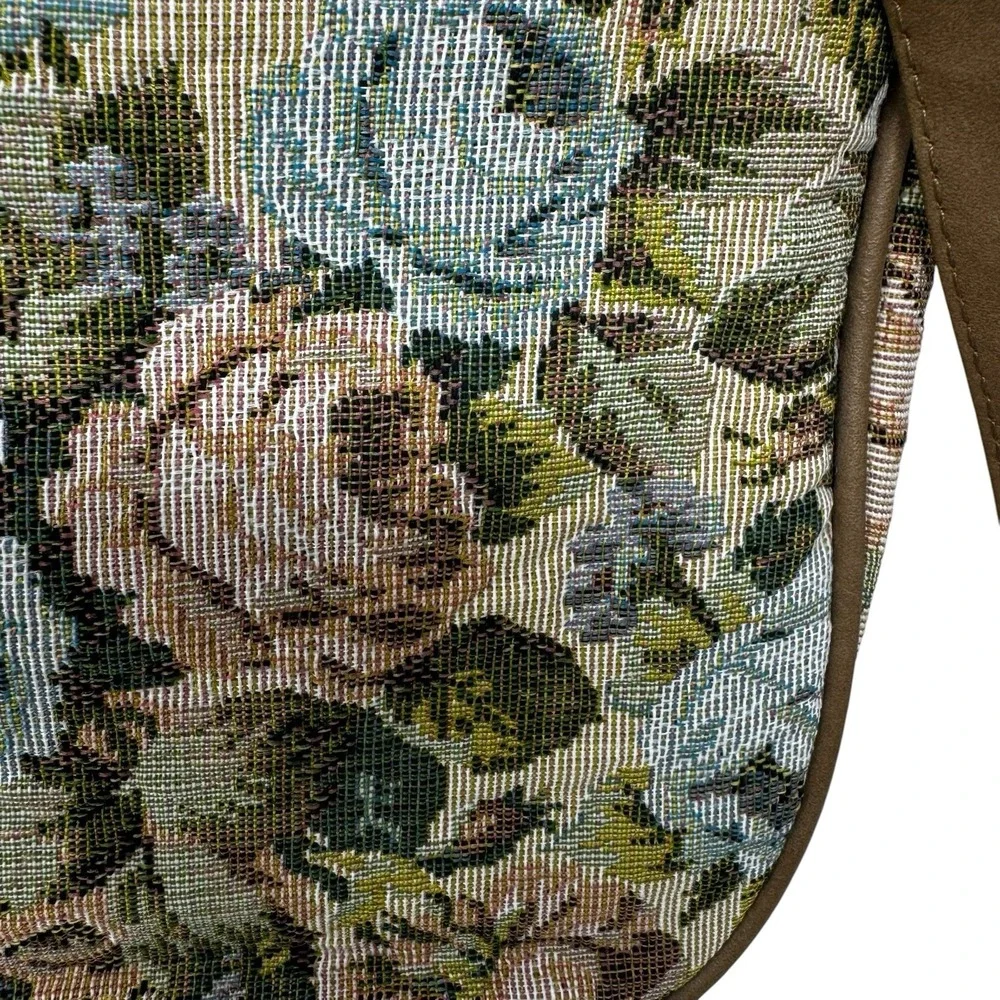 One East Carpet Bag Purse Tapestry Green Pink Canvas Med Zip Close Faux Leather
